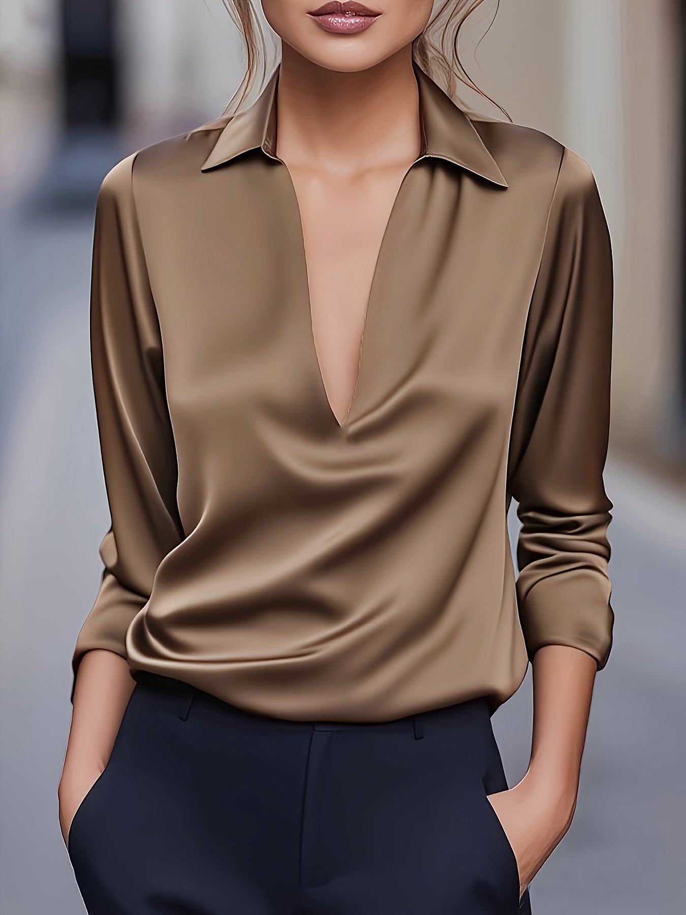 Kyrra – Blusa de Manga Larga Con Cuello en V de Satén