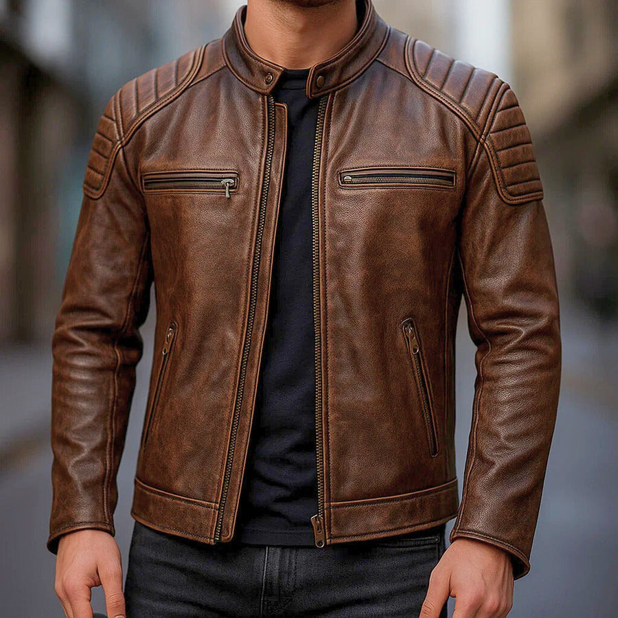 Samer | Chaqueta Moto Marrón Con Cremallera Hombre