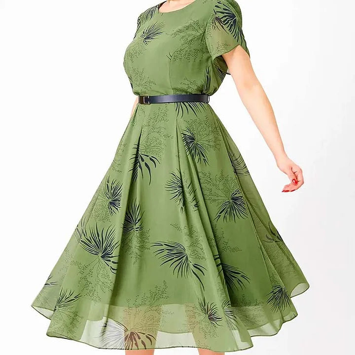 Basma | Vestido midi de Manga Corta con Estampado de hojas Verdes