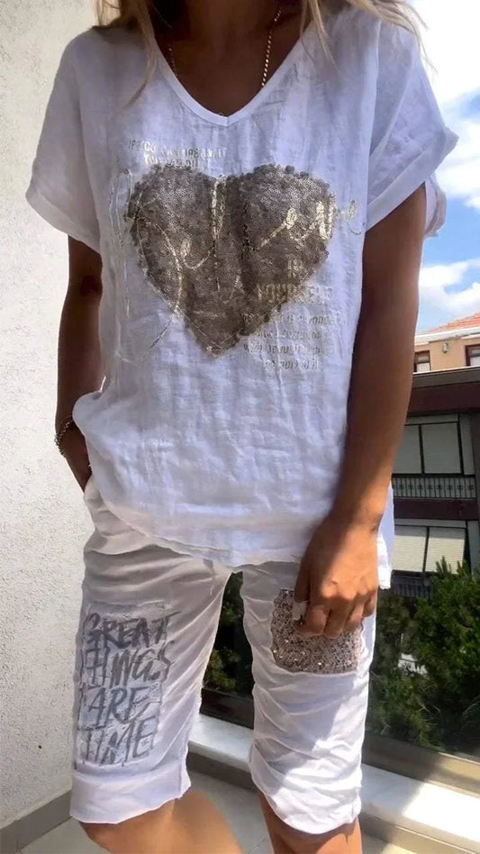 Varessa -  Conjunto Informal De Dos Piezas Compuesto Por Un Top Con Cuello En V Y Unos Pantalones Cortos Estampados