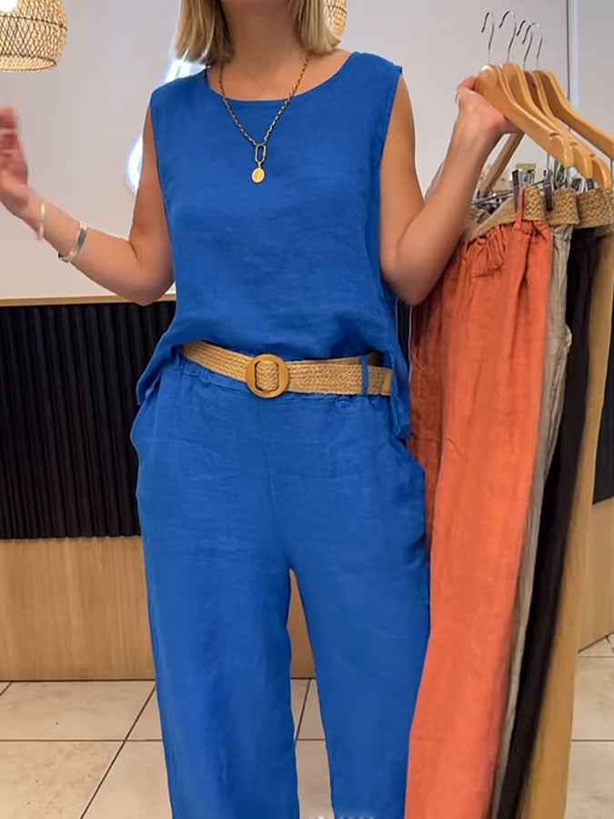 Leonila | Conjunto de Dos Piezas Top Sin Mangas y Pantalones de Pierna Ancha