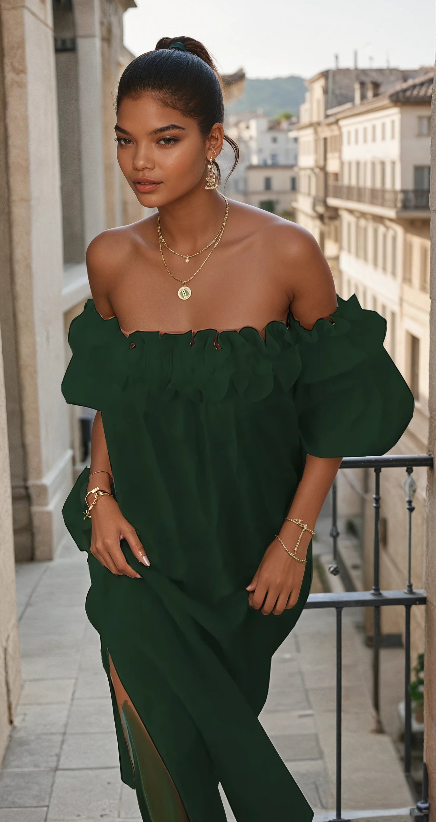 Francisca | Vestido Largo de Verano Con Volantes y Hombros al Aire