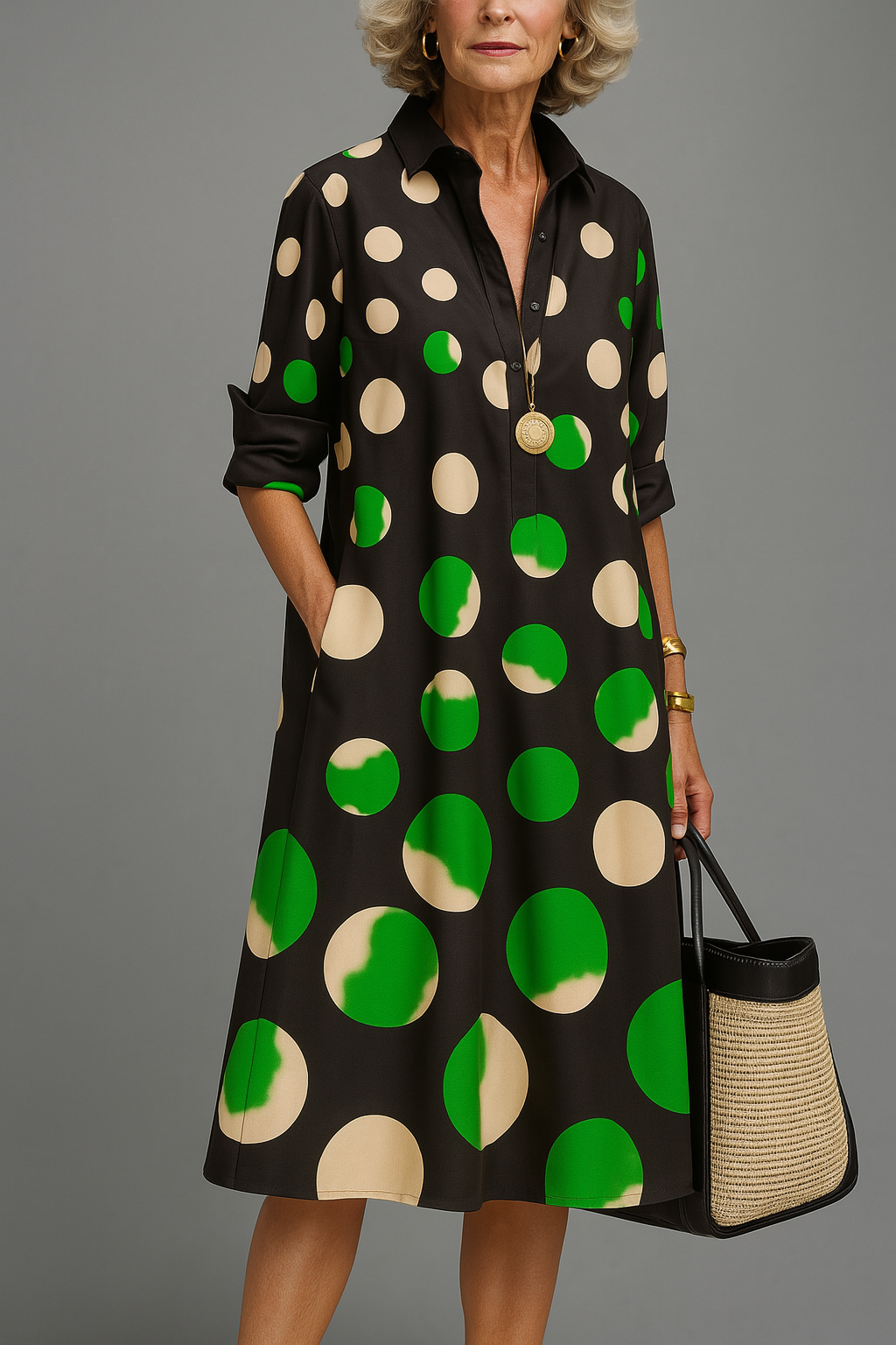 Wunmi | Vestido Camisero midi con Cuello en V y Estampado de Lunares