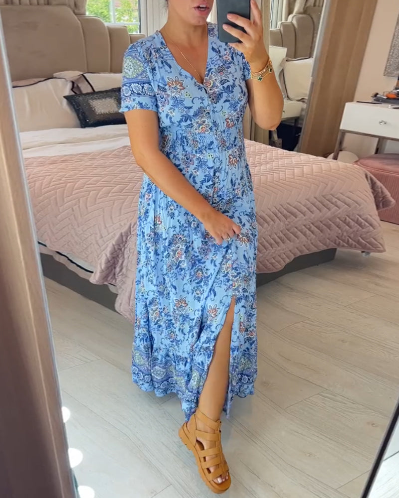 Wibia | Vestido Midi De Manga Corta Con Estampado Floral, Cuello en V Y Botones en La Parte Delantera