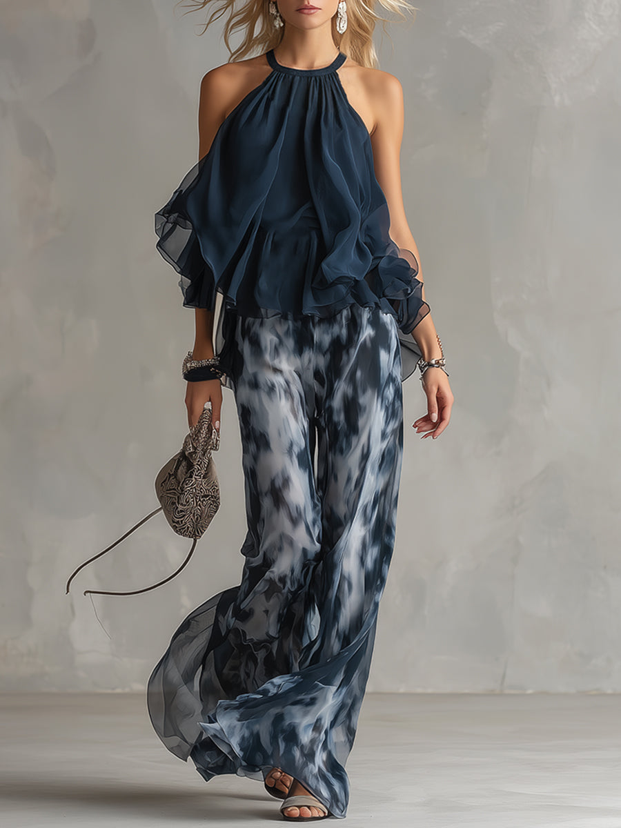 Shylla | Mono azul Marino con Cuello Halter, Volantes y Pernera ancha