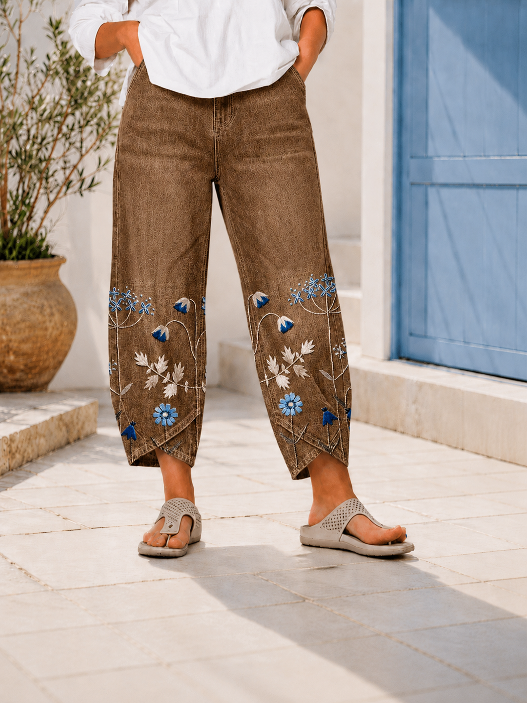 Selcen | Pantalón Recto Bordado Floral Casual