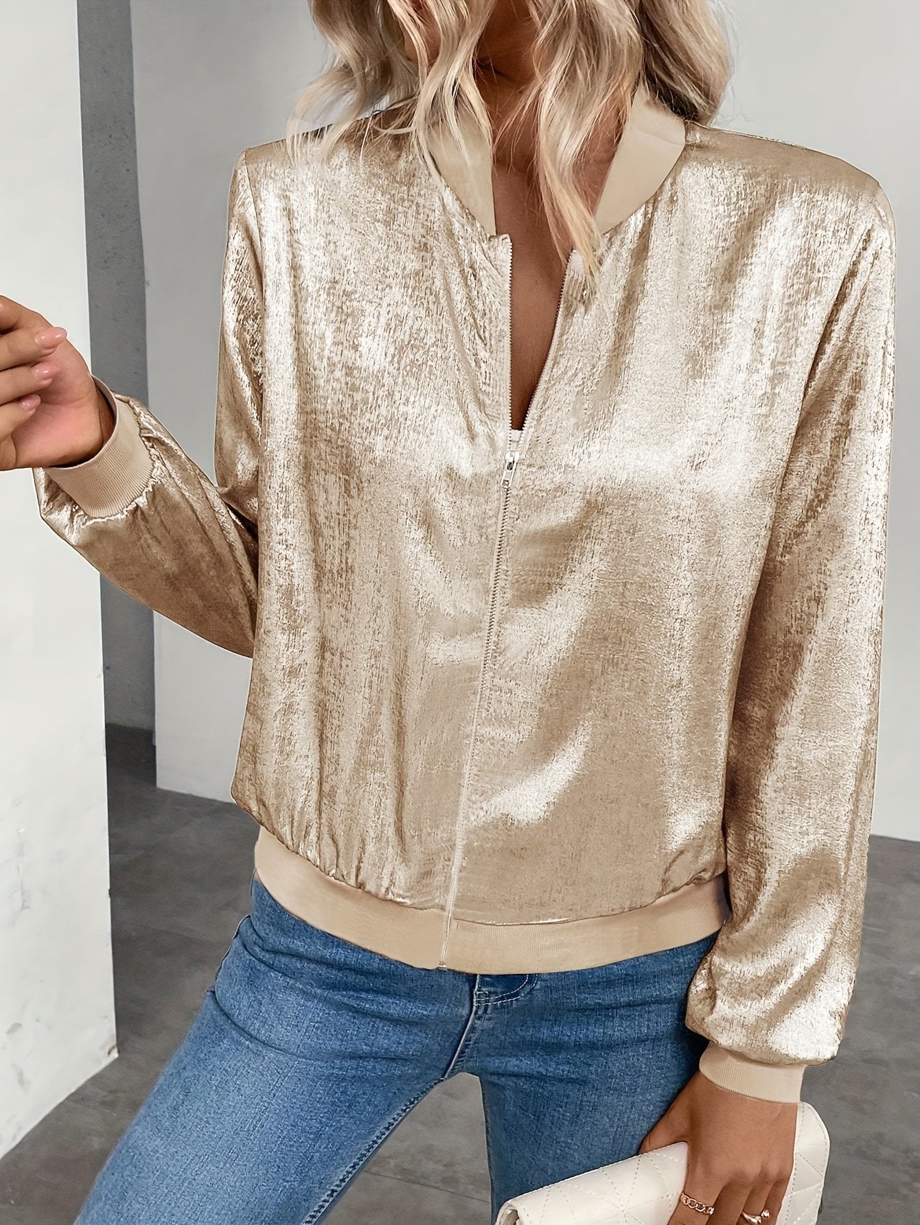 Marla | Chaqueta Bomber Metalizada Con Cremallera Para Mujer