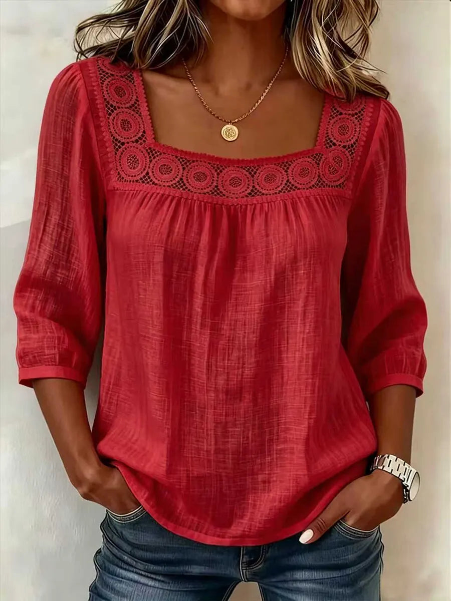 Nozomi | Blusa Con Encaje Decorativo y Escote Cuadrado