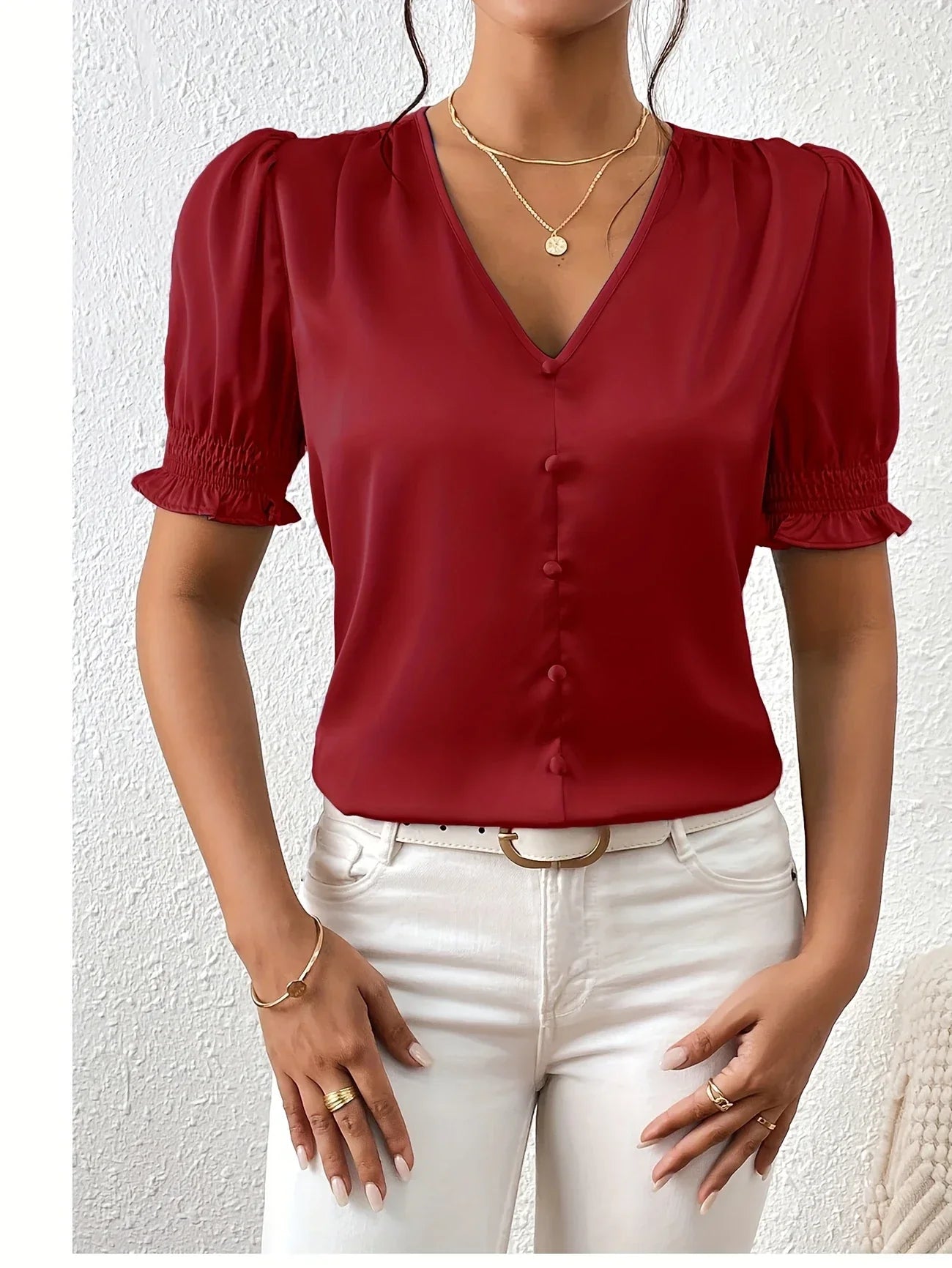 Abella | Blusa Con Cuello en V Mangas Abullonadas y Botones en la Parte Delantera