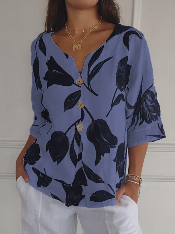 Despoina - Blusa con Estampado Floral Cuello en V y Botones en la Parte Delantera