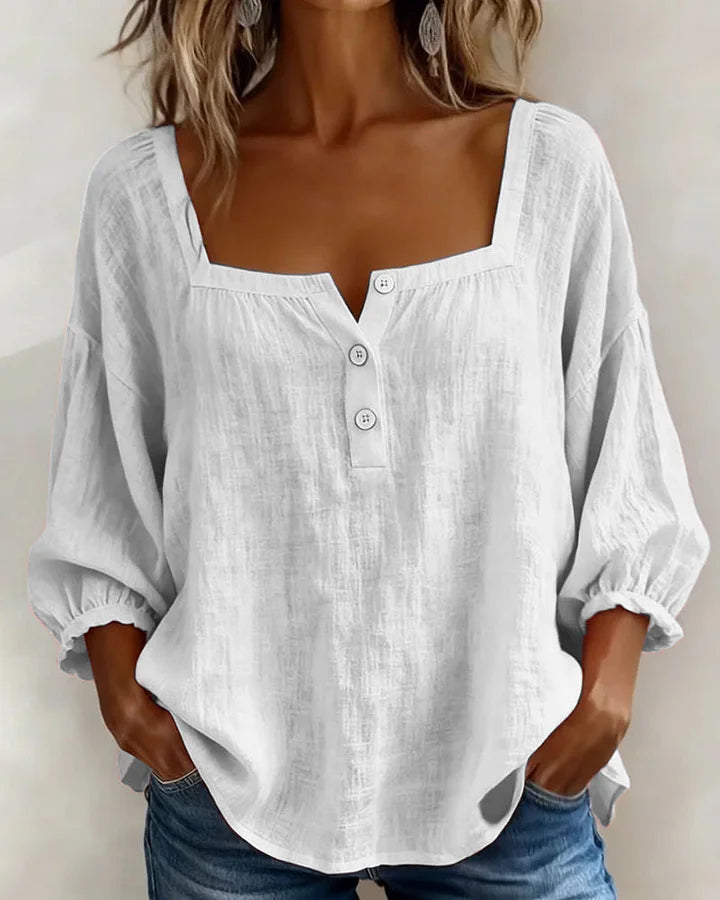 Leontien | Blusa Lino Cuello Cuadrado Botones Manga Globo