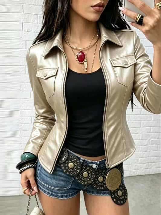 Celita | Chaqueta de Cuero con Bolsillos Frontales