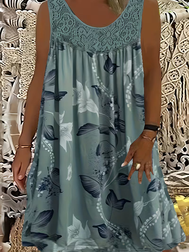 Samudri | Vestido Sin Mangas De Corte en a Con Estampado Floral Panel De Encaje Y Cuello Redondo