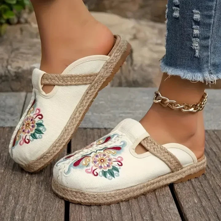 Katy | Zapatillas tipo Mules de Algodón Con Estampado Floral Hechas a Mano