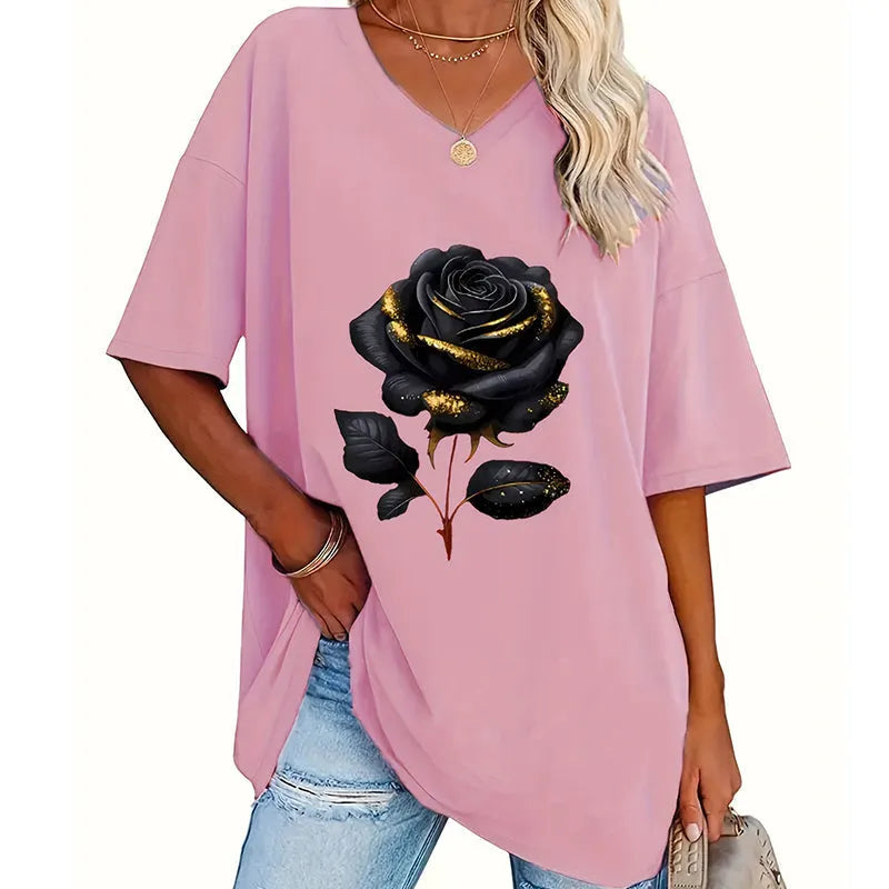 Aijia | Camiseta Cuello V Estampado Rosa Manga Corta