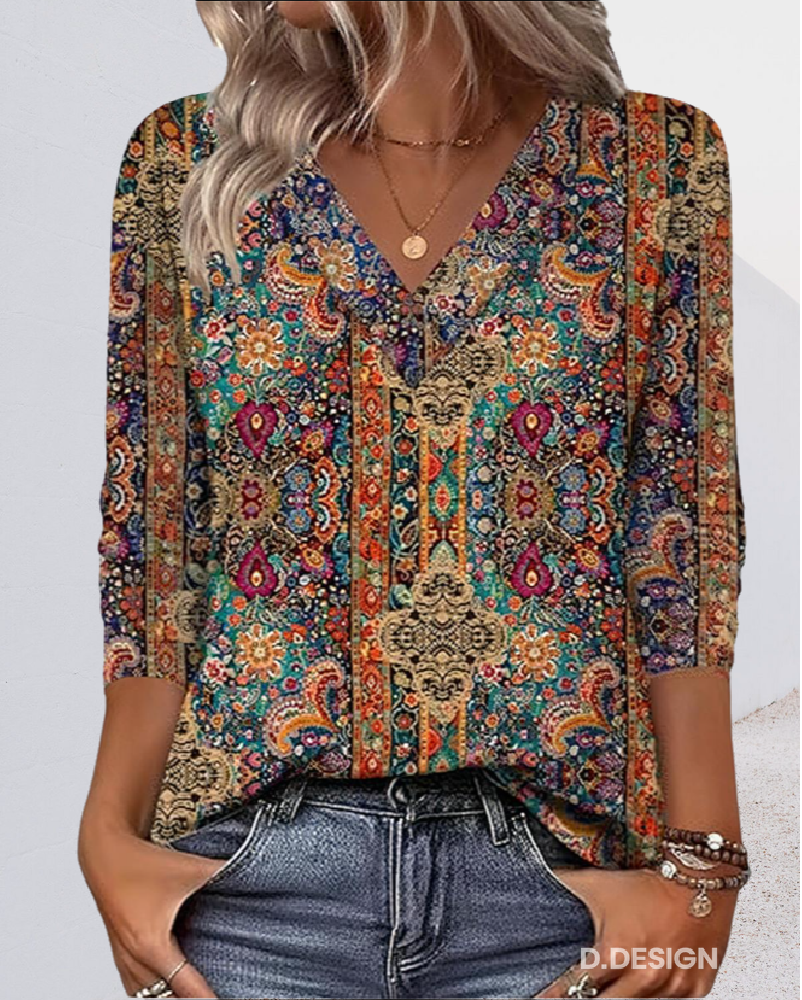 Eleeza | Blusa Estampada Retro Con Cuello En V
