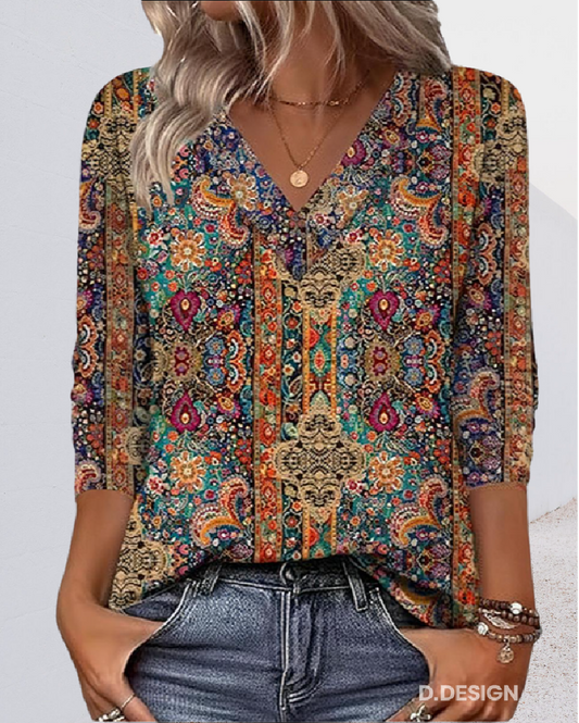 Eleeza | Blusa Estampada Retro Con Cuello En V