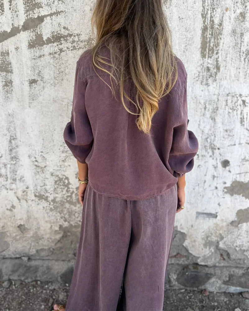 Bogna | Conjunto de Dos Piezas Camisa Con Lazo Delantero y Pantalones de Pierna Ancha