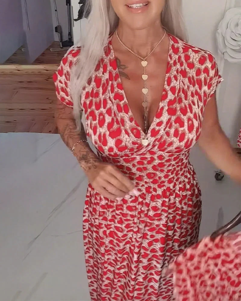Erendira - Vestido Midi con Cuello en V y Estampado de Leopardo Manga Corta
