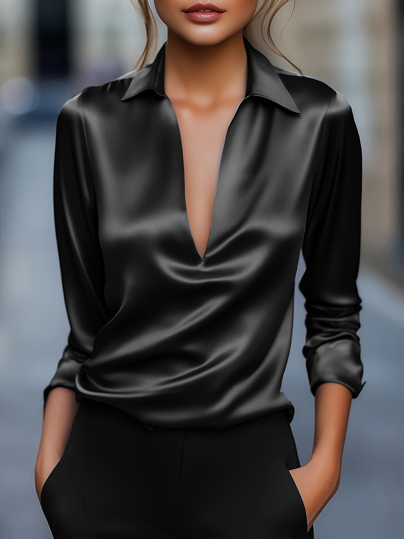 Kyrra – Blusa de Manga Larga Con Cuello en V de Satén