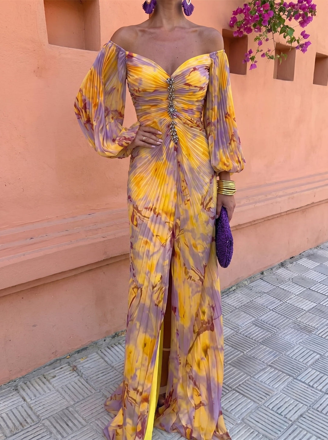 Calvillo | Vestido Largo Con Cuello en V Y Fruncidos Estampado