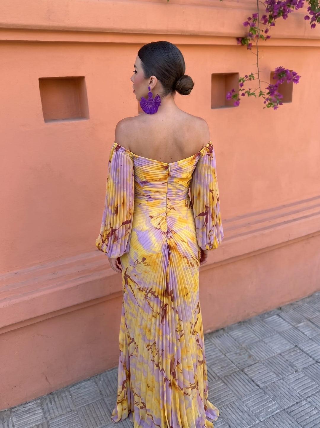 Calvillo | Vestido Largo Con Cuello en V Y Fruncidos Estampado