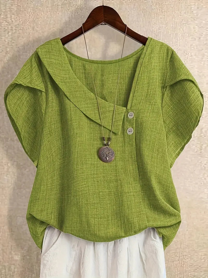Milany - Blusa Informal De Manga Corta Con Cuello Asimétrico Y Detalle De Botones
