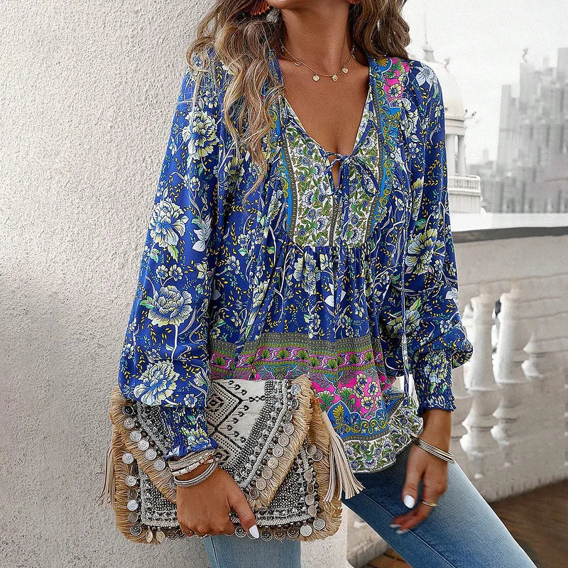 Sallie - Blusa Campestre Con Estampado Floral y Lazo en el Cuello