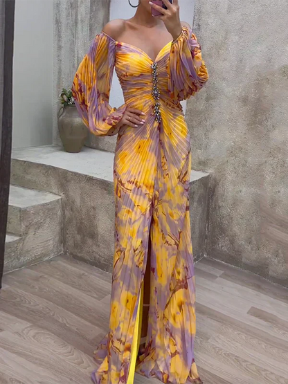 Hileni | Vestido Largo Con Estampado Plisado Y Hombros Descubiertos