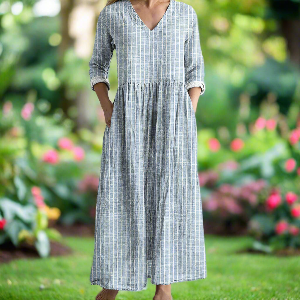 Gregoria | Vestido Largo De Rayas Con Cuello en V