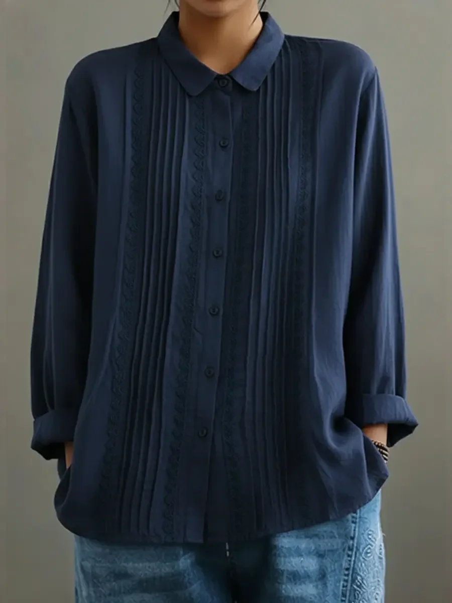 Tzurya | Blusa Abotonada de Manga Larga con Pliegues y Encaje