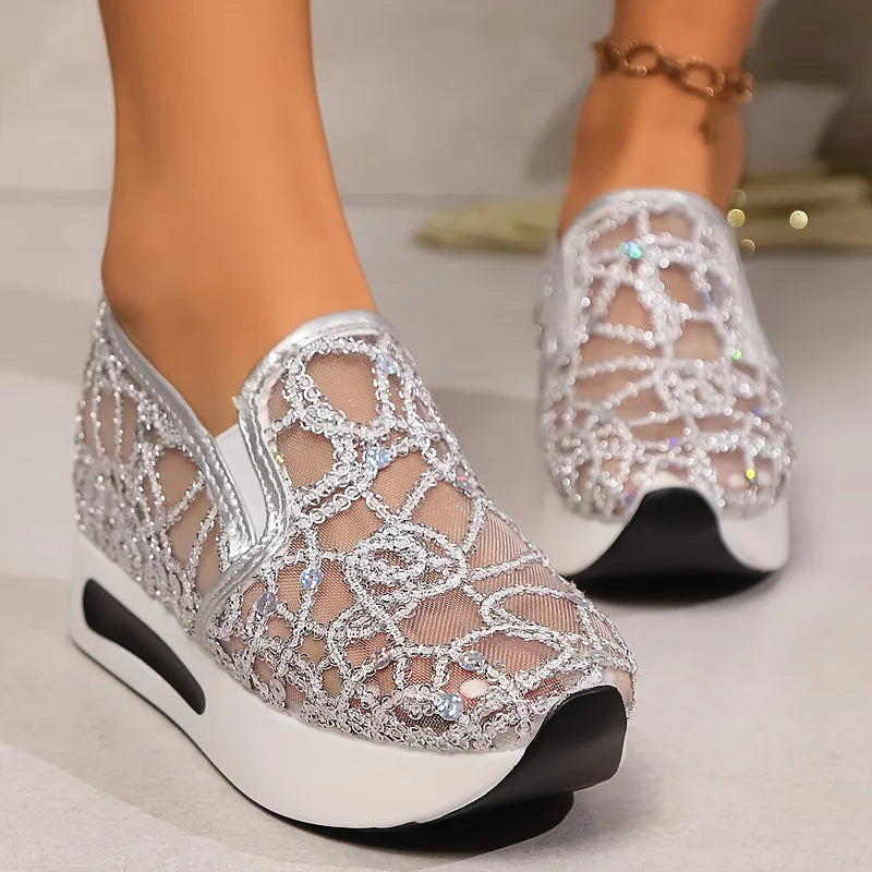 Heleen - Zapatillas Con Cuña de Plataforma y Lentejuelas sin Cordones