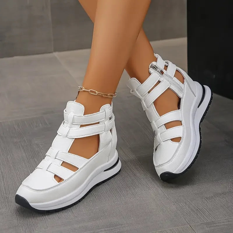 Souad - Sandalias de cuña con plataforma y tiras caladas con cremallera