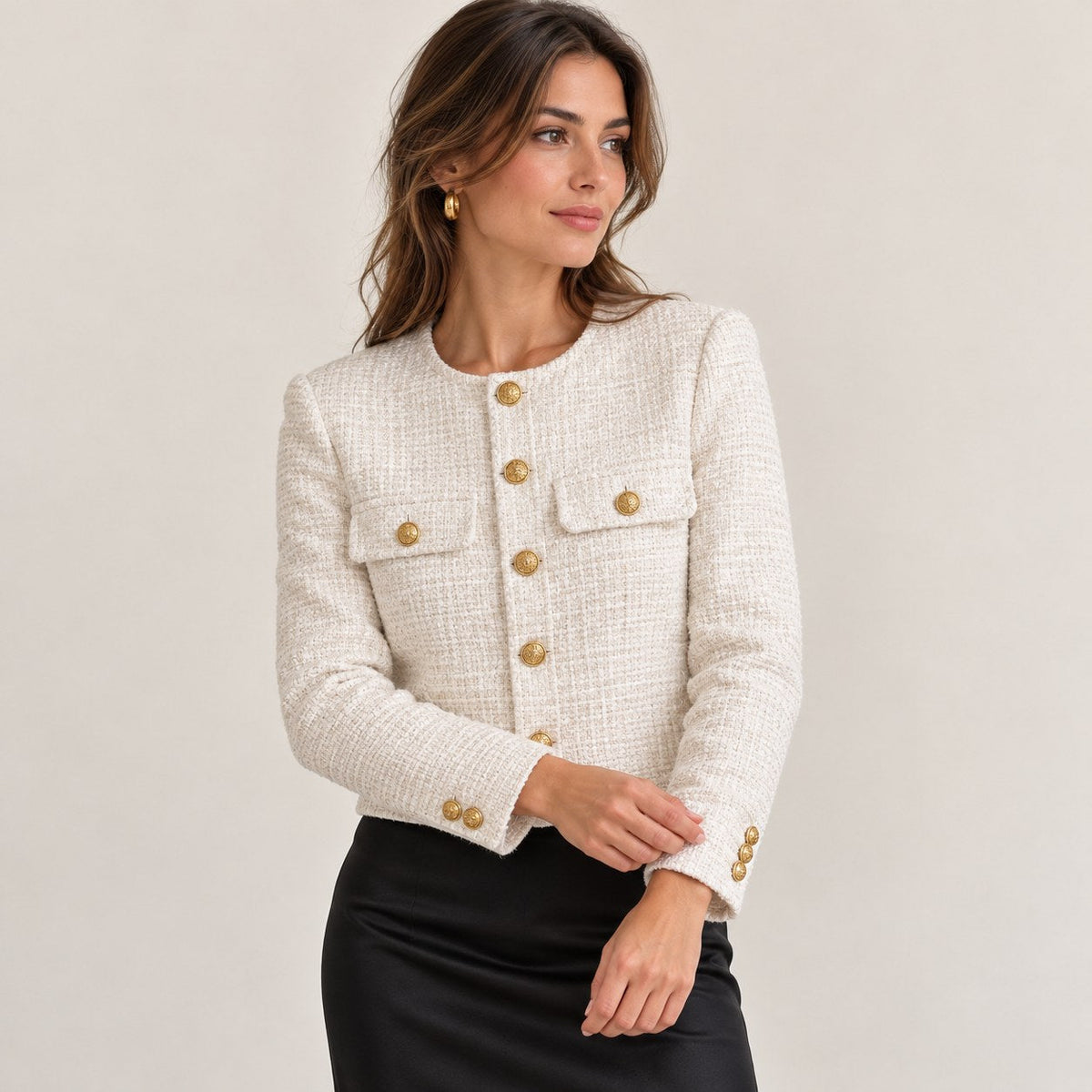 Radmieandra | Chaqueta de Tweed con Botones Dorados