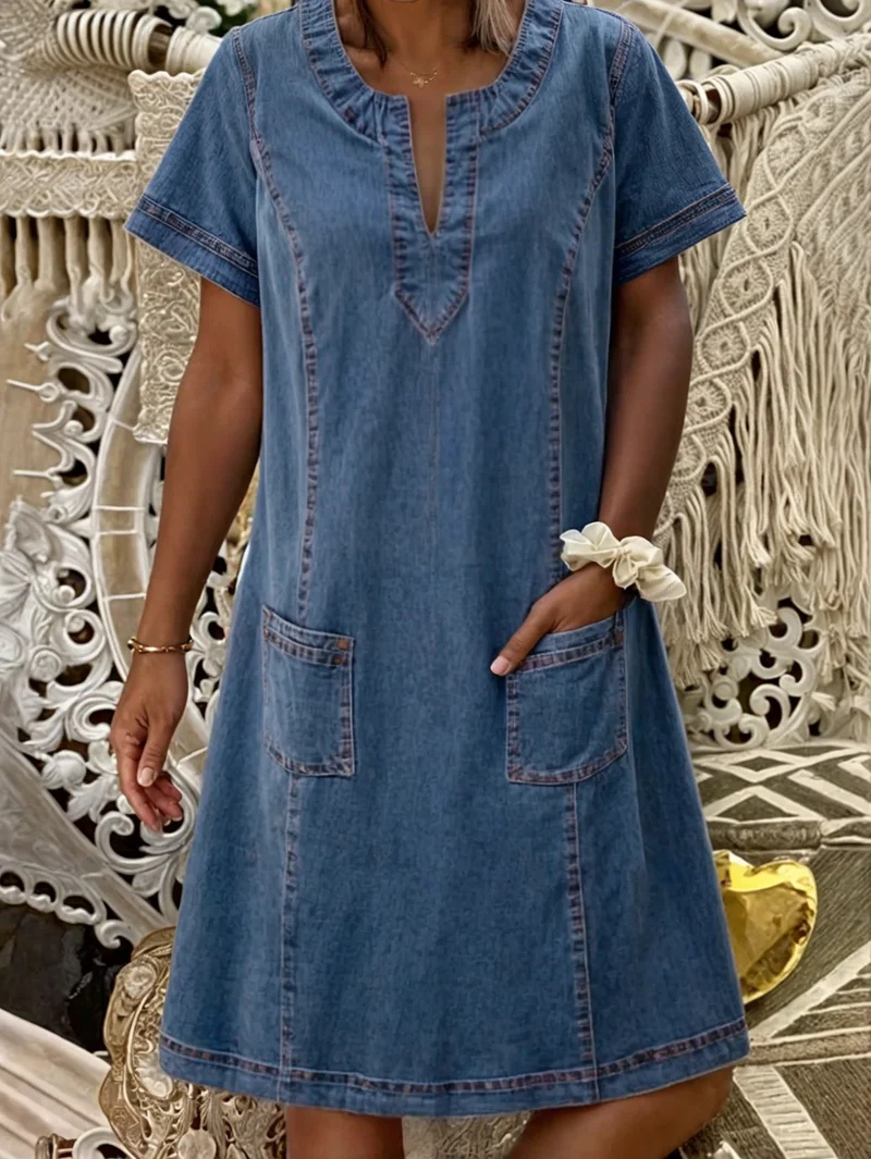 Polixeni | Vestido Denim Cuello V Bolsillos