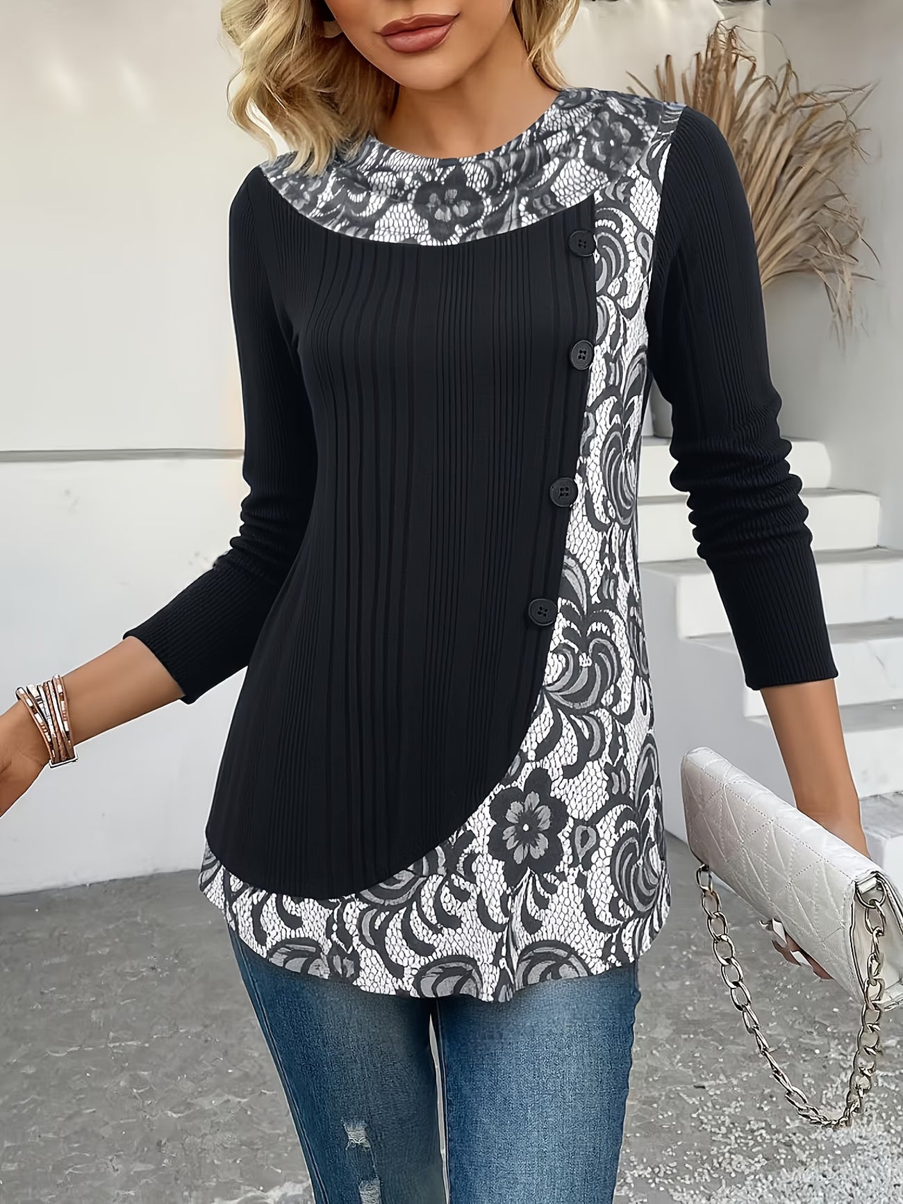 Lizeth | Túnica Estampada De Manga Larga Con Tejido Acanalado