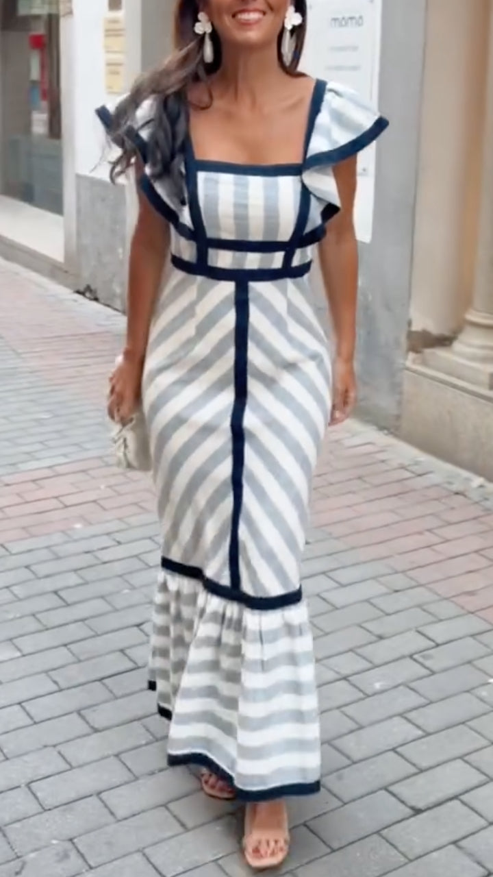 Lileeka | Vestido De Cuello Cuadrado Con Mangas De Volantes a Rayas