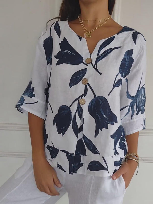 Despoina - Blusa con Estampado Floral Cuello en V y Botones en la Parte Delantera
