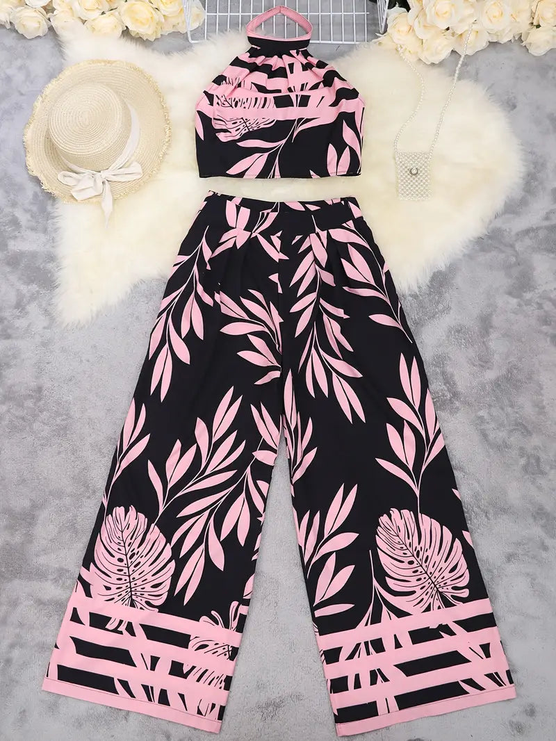 Zirina | Conjunto De Top Corto Con Cuello Halter Y Pantalón De Pierna Ancha