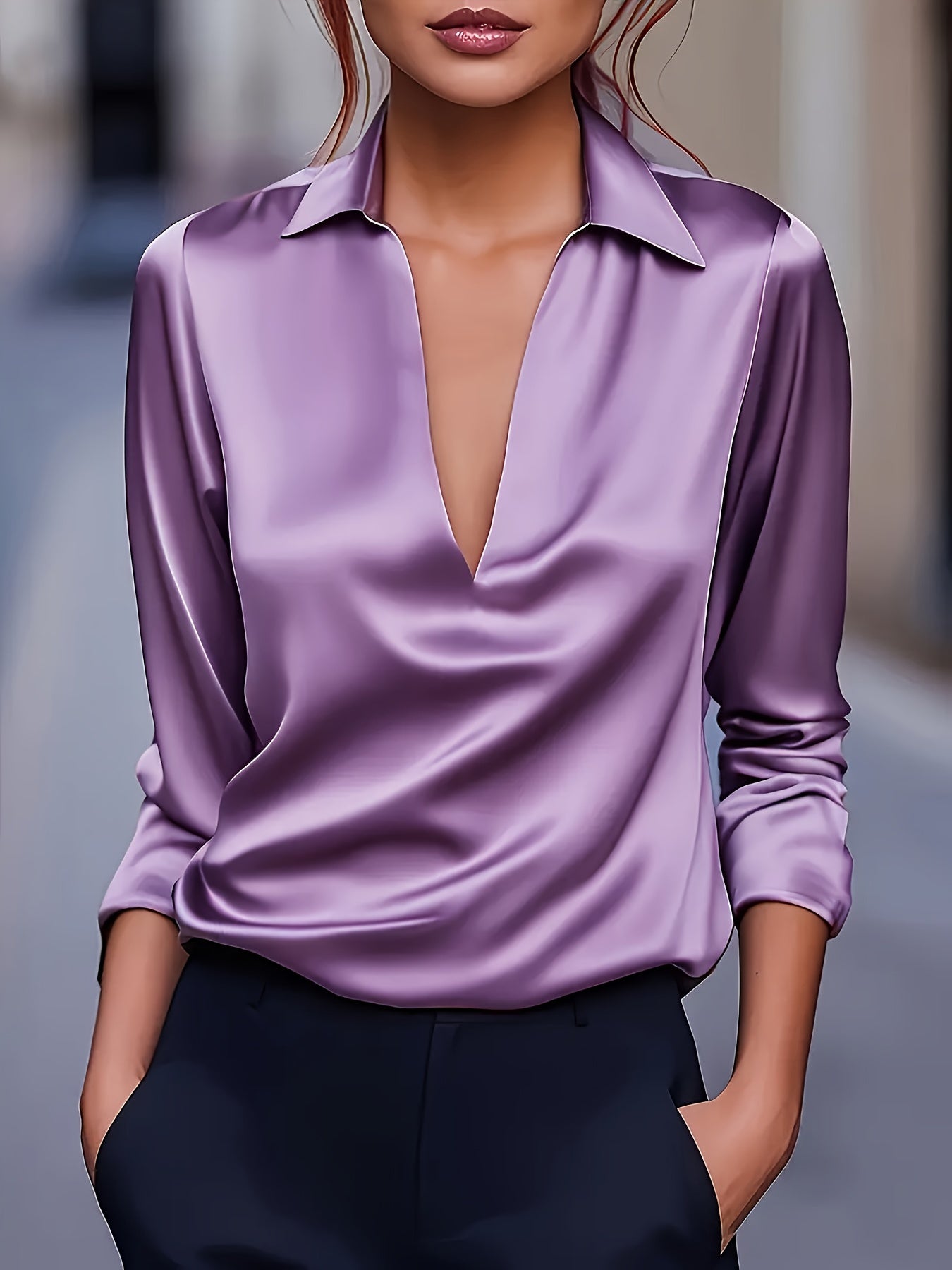 Kyrra – Blusa de Manga Larga Con Cuello en V de Satén