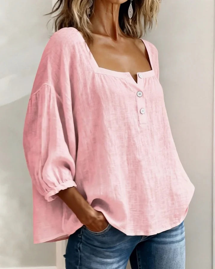 Leontien | Blusa Lino Cuello Cuadrado Botones Manga Globo