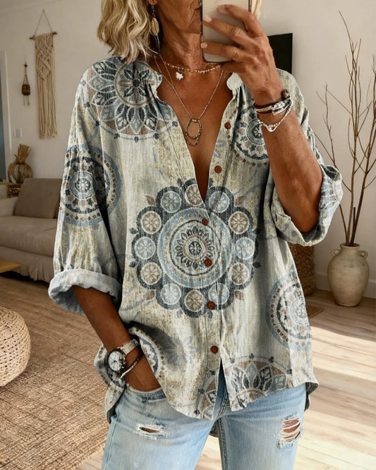 Nirita - Blusa de Manga Larga Con Estampado de Mandalas y Cierre Frontal Con Botones