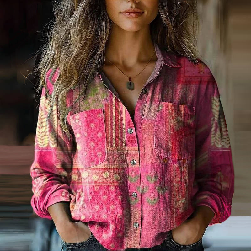 Morena | Blusa roja Estampada con Botones en la parte Delantera