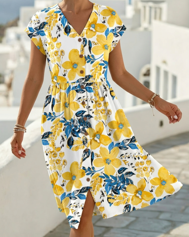 Sinera - Vestido Midi Con Cuello en V y Estampado Floral
