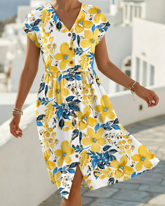 Sinera - Vestido Midi Con Cuello en V y Estampado Floral