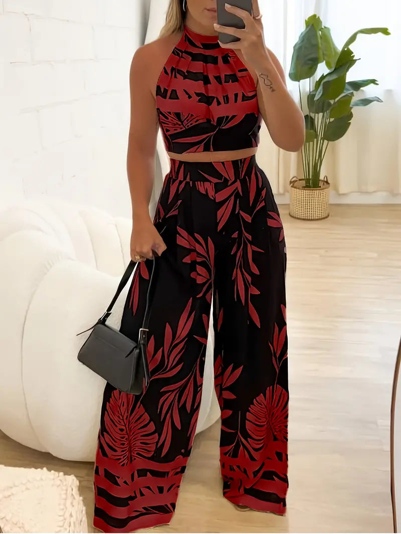 Zirina | Conjunto De Top Corto Con Cuello Halter Y Pantalón De Pierna Ancha
