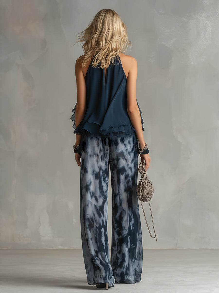 Shylla | Mono azul Marino con Cuello Halter, Volantes y Pernera ancha