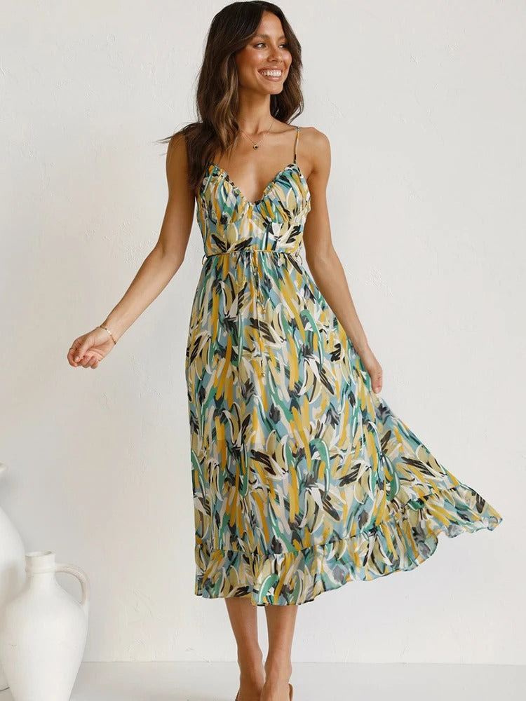 Emmeline | Vestido Midi Con Tirantes Finos Y Estampado