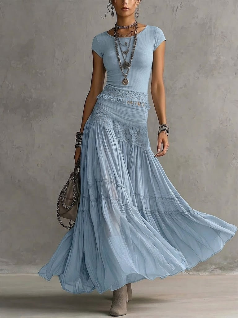 Kylisa | Vestido Largo De Manga Corta en Azul Claro