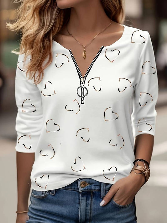 Romisha | Camiseta De Manga Larga Con Cuello Con Cremallera y Estampado De Corazones